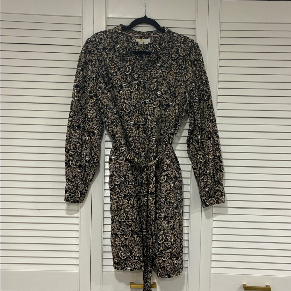 Boden 100% Cotton Dress floral black and tan W/ matching fabric belt 2 Pockets